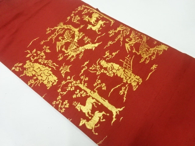 アンティーク　たつむら製　手織り紬古代中国風景模様織出し名古屋帯（着用可）